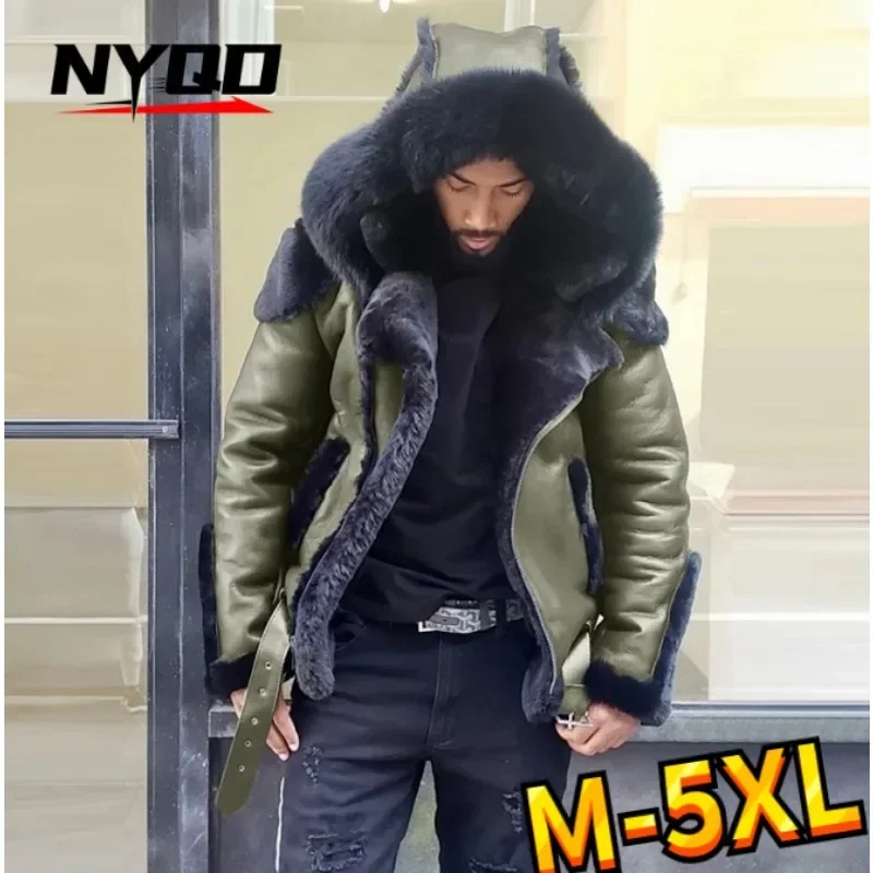 2022 New Men's Leather Coat Winter Large Size Jacket with Fur Collar and Long Sleeve Wool Lining Casual Men's Jacket