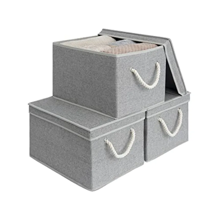 

Storage Bins with Lids Decorative Storage Boxes with Soft Rope Handles Foldable Stackable Storage Baskets for Closet Shelves 3-