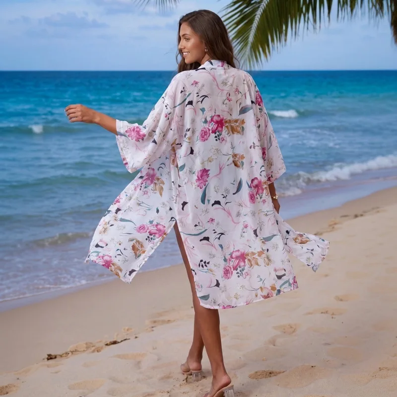 Chiffon Floral Beach Coverup for Women Swimwear Bikini Wrap Cardigan Sun Protection Vacation Outfit Sheer Beachwear