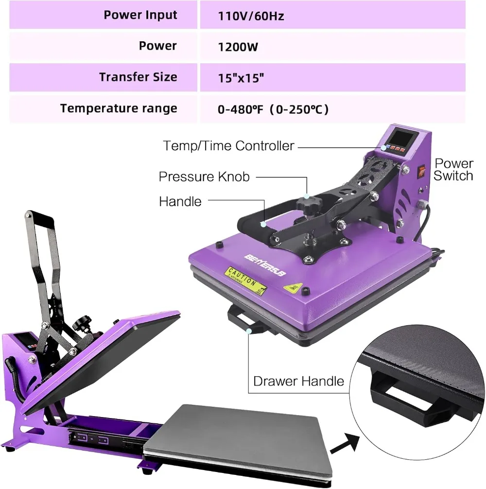 15x15 Inch Heat Press Machine with Slide-Out Drawer, Digital LCD Control, Adjustable Pressure for T-Shirts, DTF, Sublimation, HTV Transfers, 1000W - view 3
