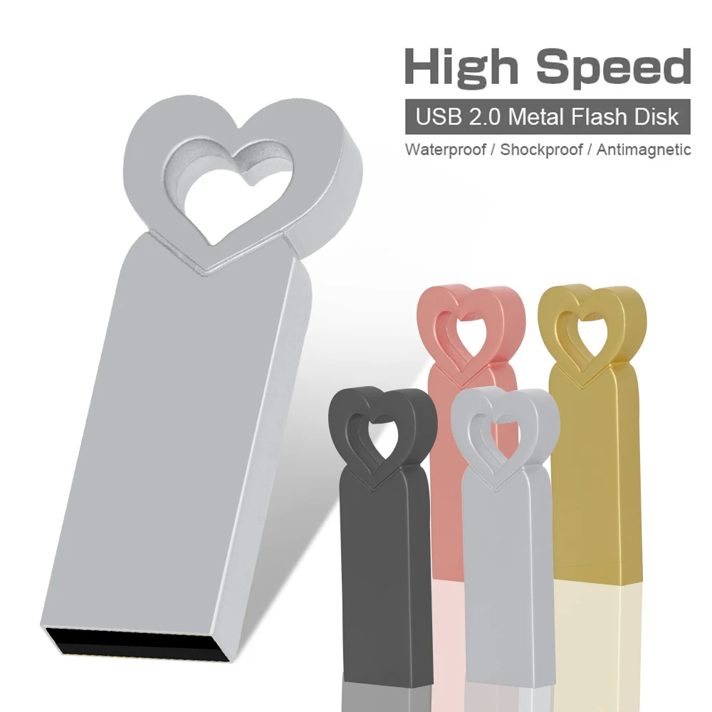 Mini Metal Heart Shaped USB Flash Drive 64GB Black Portable Pen Drive 32GB High Speed Memory Stick 16GB Waterproof USB Stick