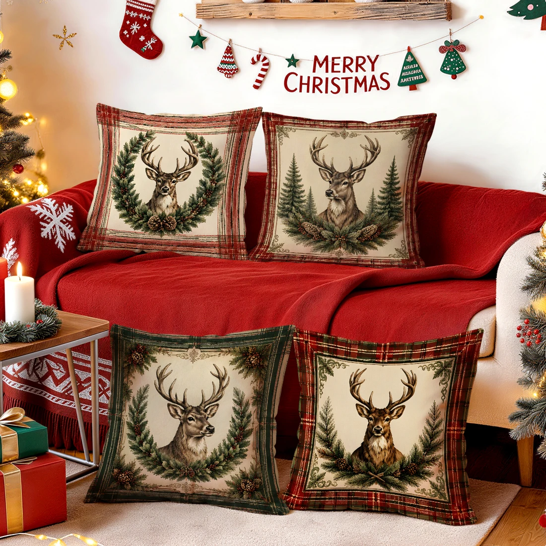 1pcs/4pcs Retro Plaid Elk Christmas Cushions Pillowcase Polyester Cushion Cover Throw Pillow Pillowcover Home Car Sofa Decor
