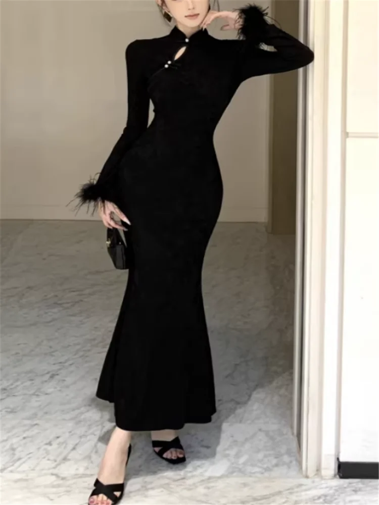 

New Chinese Style Cheongsam Long Black Mermaid Dress New 2026 Spring Long Sleeves Feather Cuff Sheath Bodycon Qipao Party Dress
