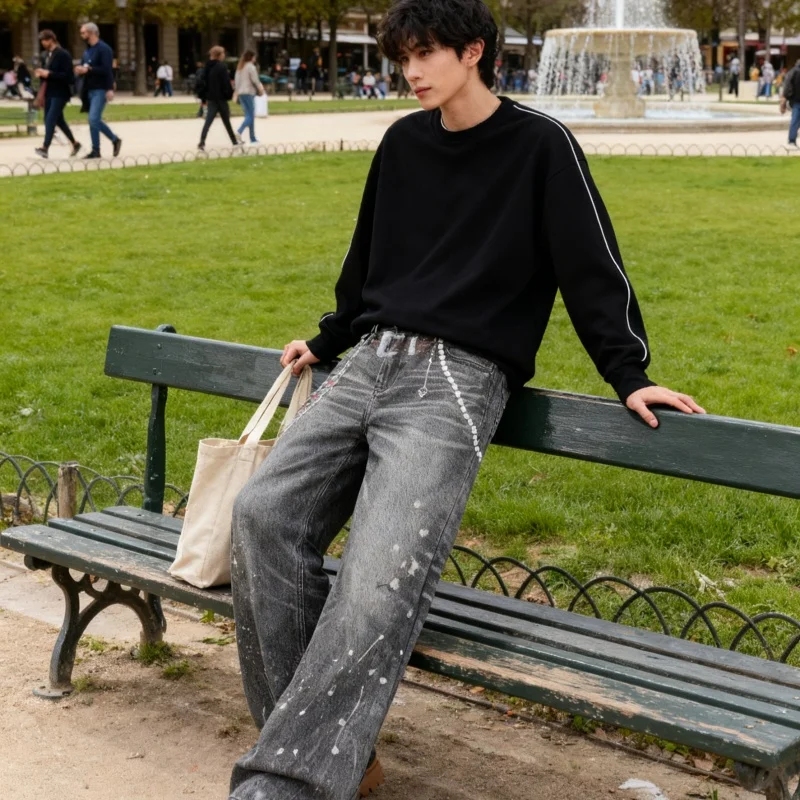 2025 Retro American 3D Printed Splatter Washed Loose Fit Straight Leg Men's Jeans Cleanfit Long Pants Street Trend Loose Style