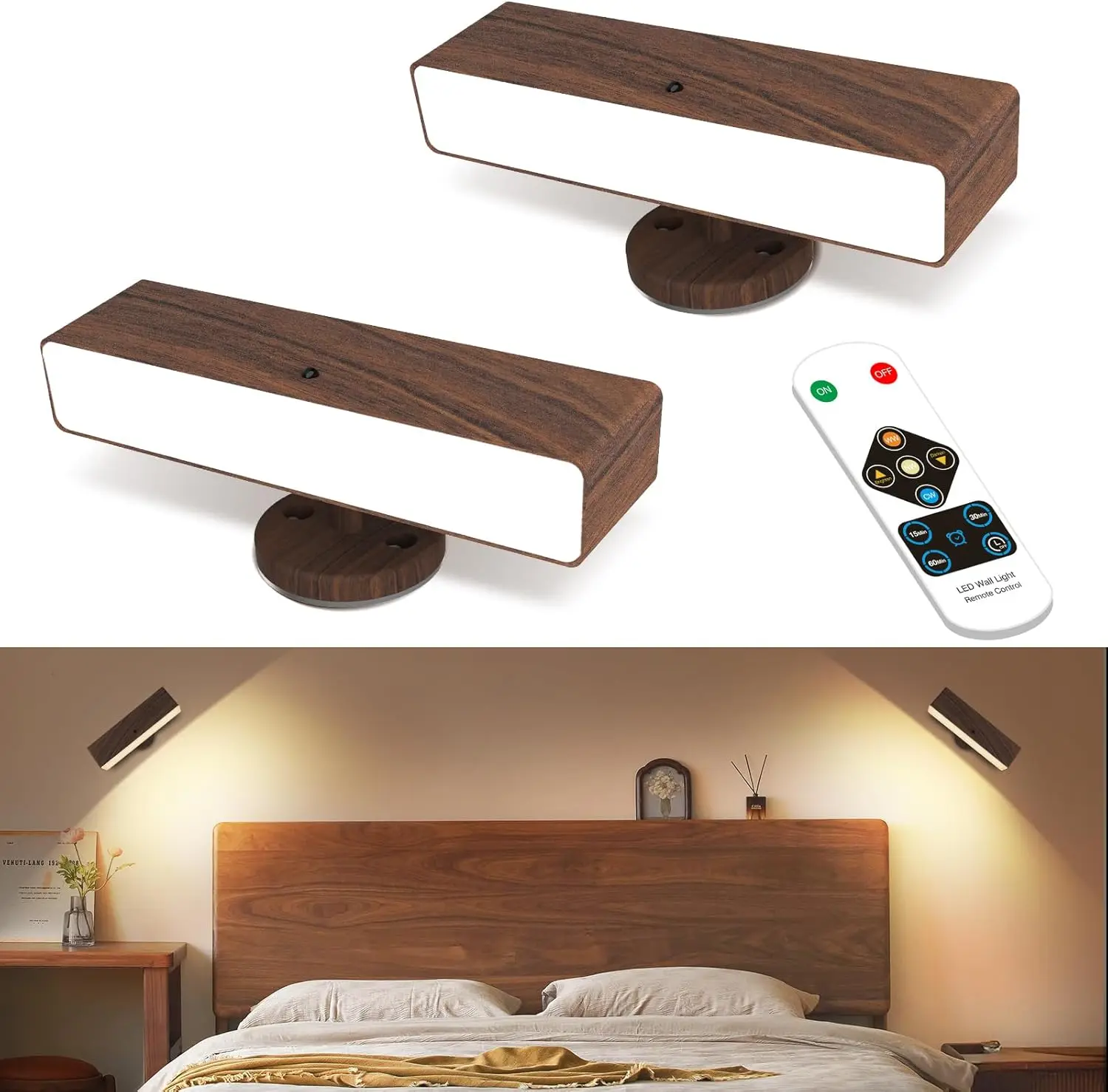 

Набор из 2 настенных бра с батарейным питанием, беспроводной перезаряжаемый светодиод с пультом дистанционного управления и кнопкой, 360° ° Поворотный магнитный дизайн для