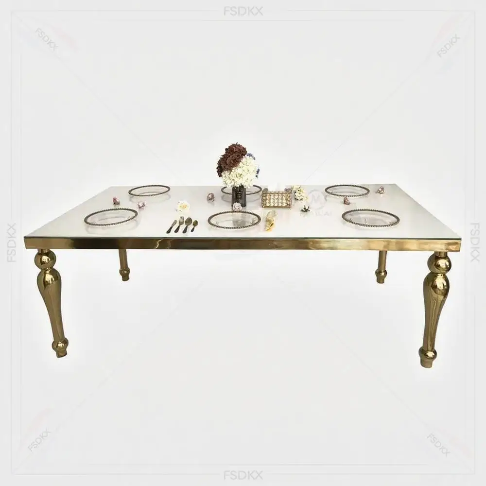 FSDKX Home Furniture Luxury Stainless Steel Frame Glass Top 8-10 Person Gold Wedding Rectangular Dining Table