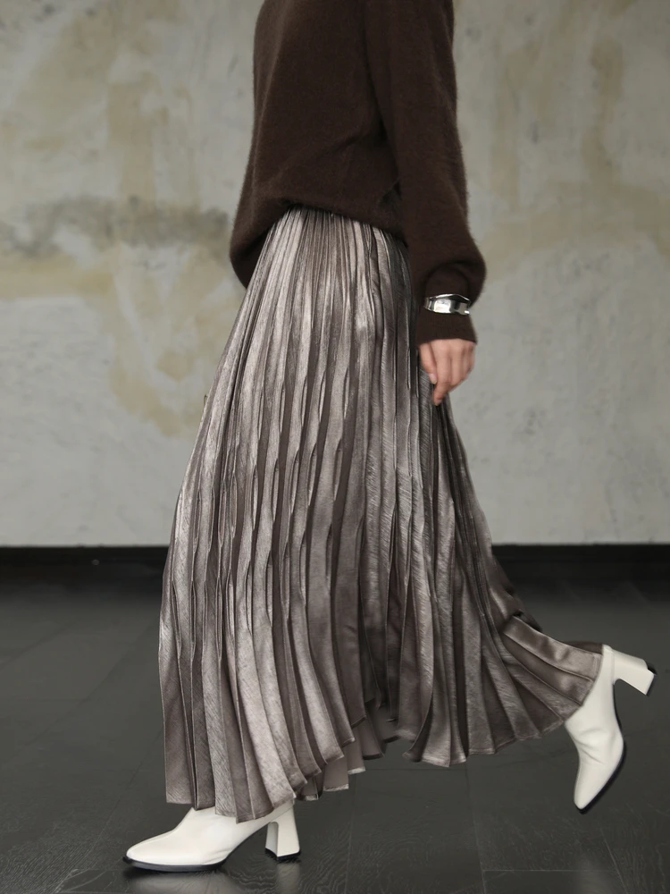 

Ele High Waist Long Pleated Skirt Women's Autumn Faion Design Floating Light Skirt Ci Commuting Casual Date Skirt