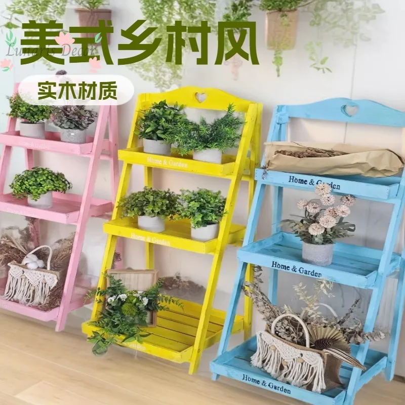 American rural retro solid wood multi-layer folding small flower stand balcony floor trapezoidal plant shelf wooden