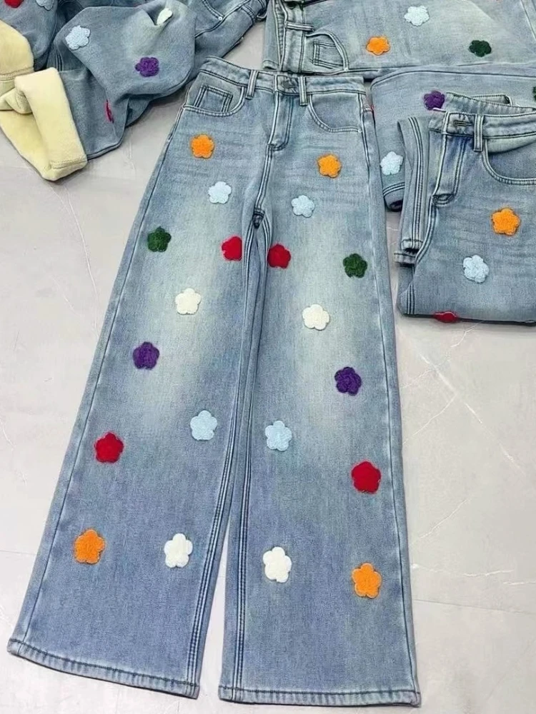 Winter Fleece Jeans Women Fashion Casual Flower Embroidered Blue Wide Leg Pants High Waist Thick Warm Plus Size Denim Trousers