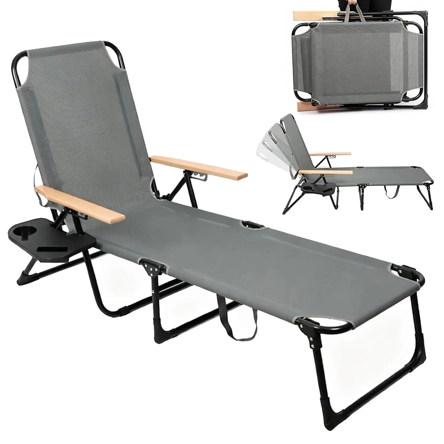 

Folding Outdoor Chaise Lounge Chair, Portable Camping Cot with Headrest, 4 Position Beach Lounge with Cup Holders &, Customized