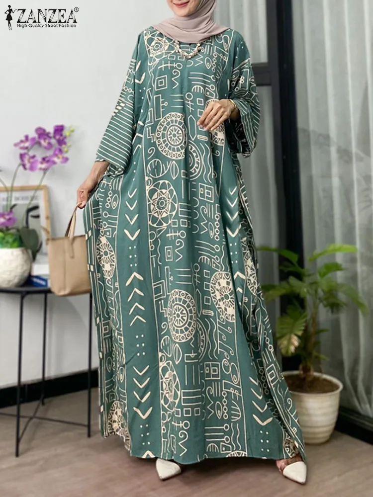 

Spring Long Sleeve Floral Printed Muslim Dress ZANZEA Women Vintage Abaya Hijab Sundress Islamic Clothing Marocain Eid Mubarek