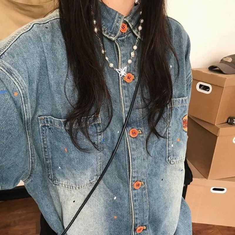 American Retro Harajuku Style Streetwear Short Sleeve Denim Shirt Jacket Lapel Loose Casual Chic Blue Jeans Jacket Top for Women