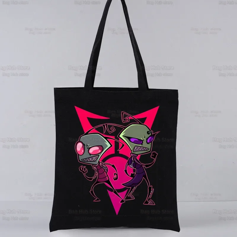 

Kawaii Cartoon Invader Zim Alien Anime Women's Shopper Bag Canvas Tote Shoulder Bags Shopping Bag Black Cloth Handbags Eco