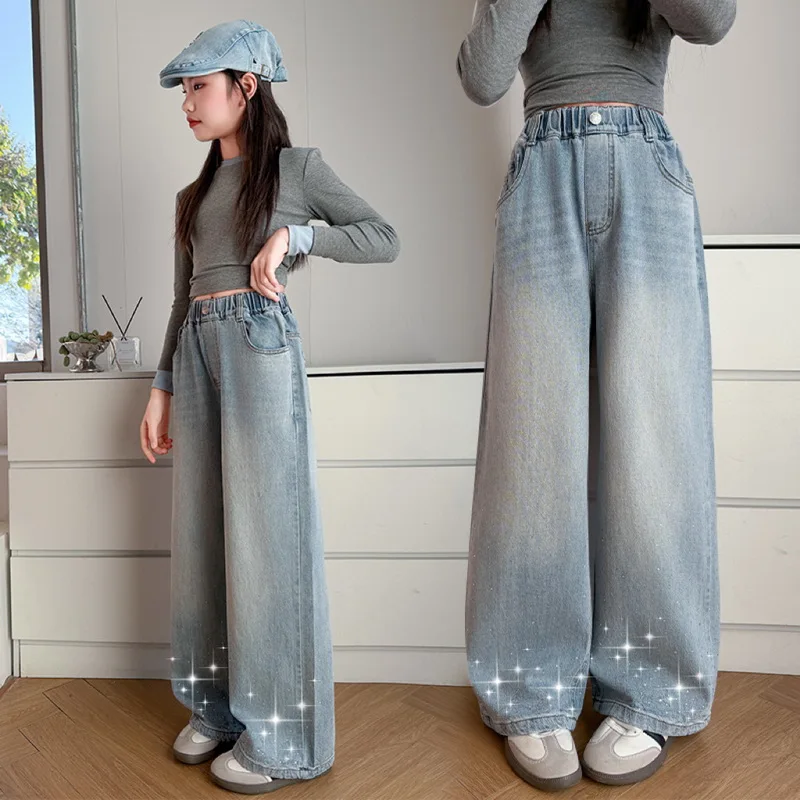 2026 New Kids Girls Wide-Leg Jeans Fashion Rhinestone Sequin Elastic Waistband Pants Denim Trousers Casual Children Base Bottoms