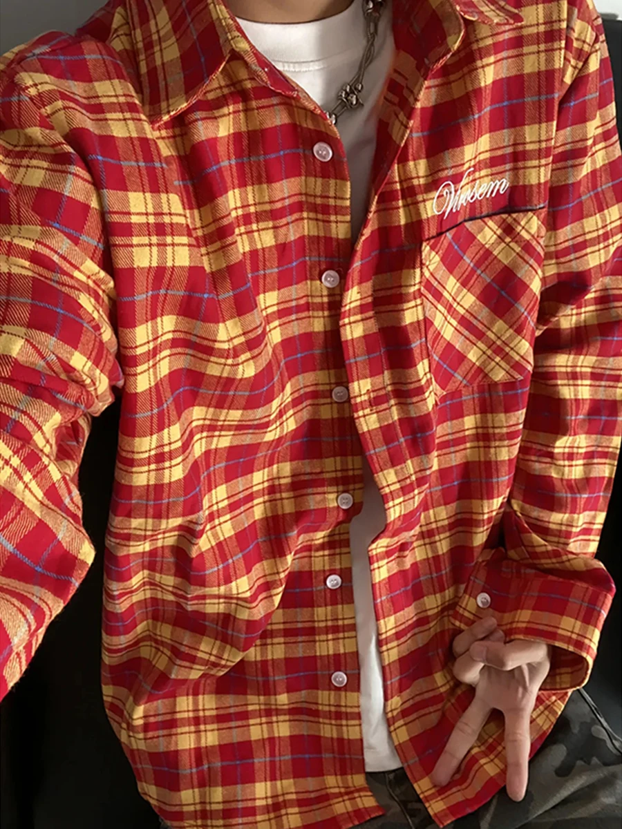 Camisa de manga larga a cuadros rojos y amarillos para hombre, estilo americano retro, corte clásico, para primavera y otoño, estilo Cleanfit, ropa exterior moderna.