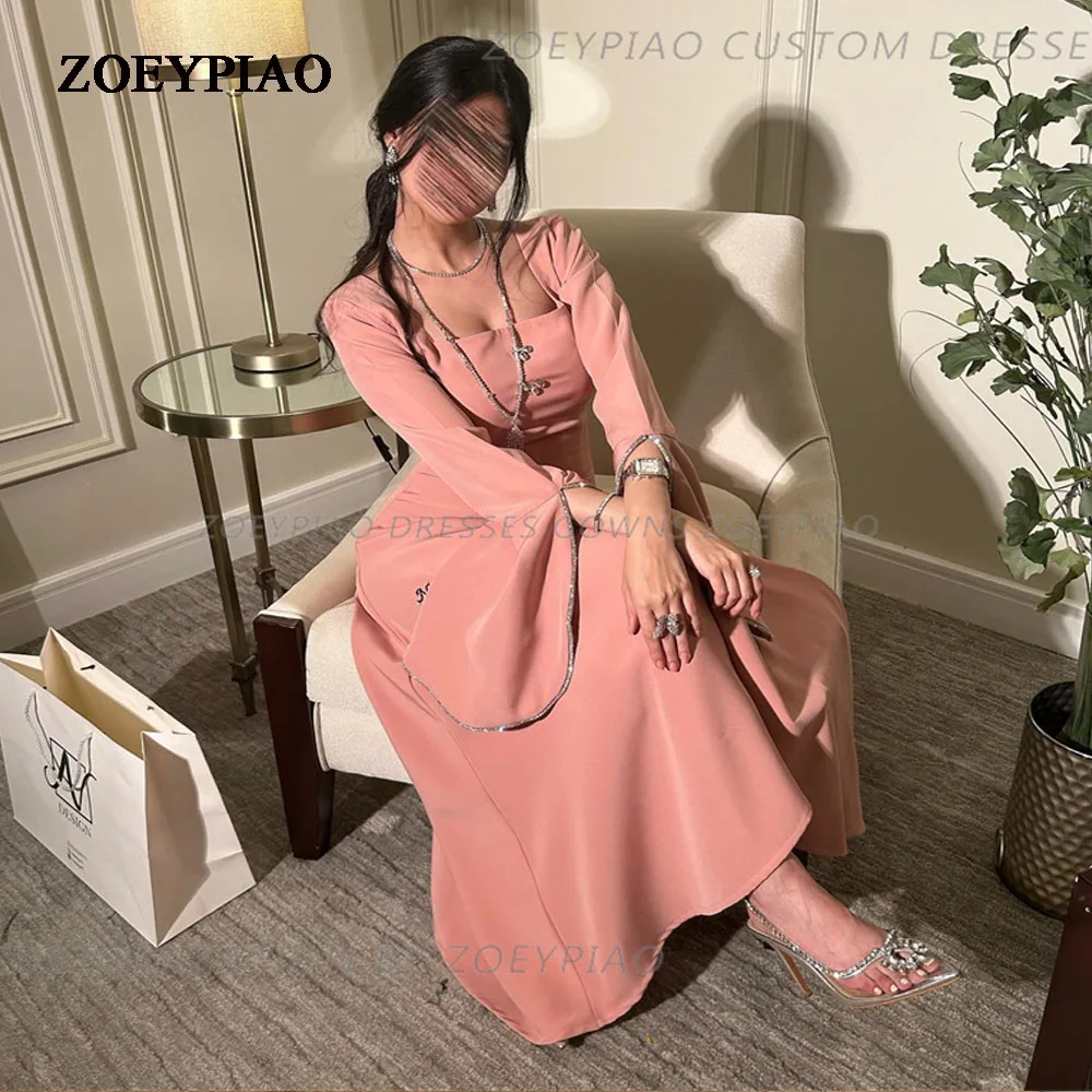 Vestidos de baile rosa elegante para mulheres, mangas compridas, comprimento do tornozelo, vestido de noite, festa de casamento, vestidos de festa, Arábia Saudita