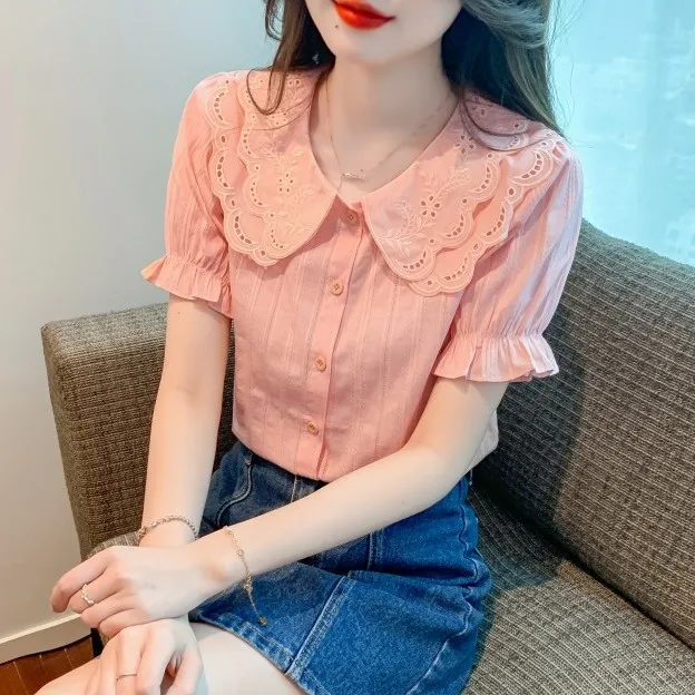

Летняя новая стильная рубашка из чистого хлопка с кукольным воротником, женская модная тонкая хлопковая рубашка в стиле ретро, тонкий универсальный топ на пуговицах с короткими рукавами