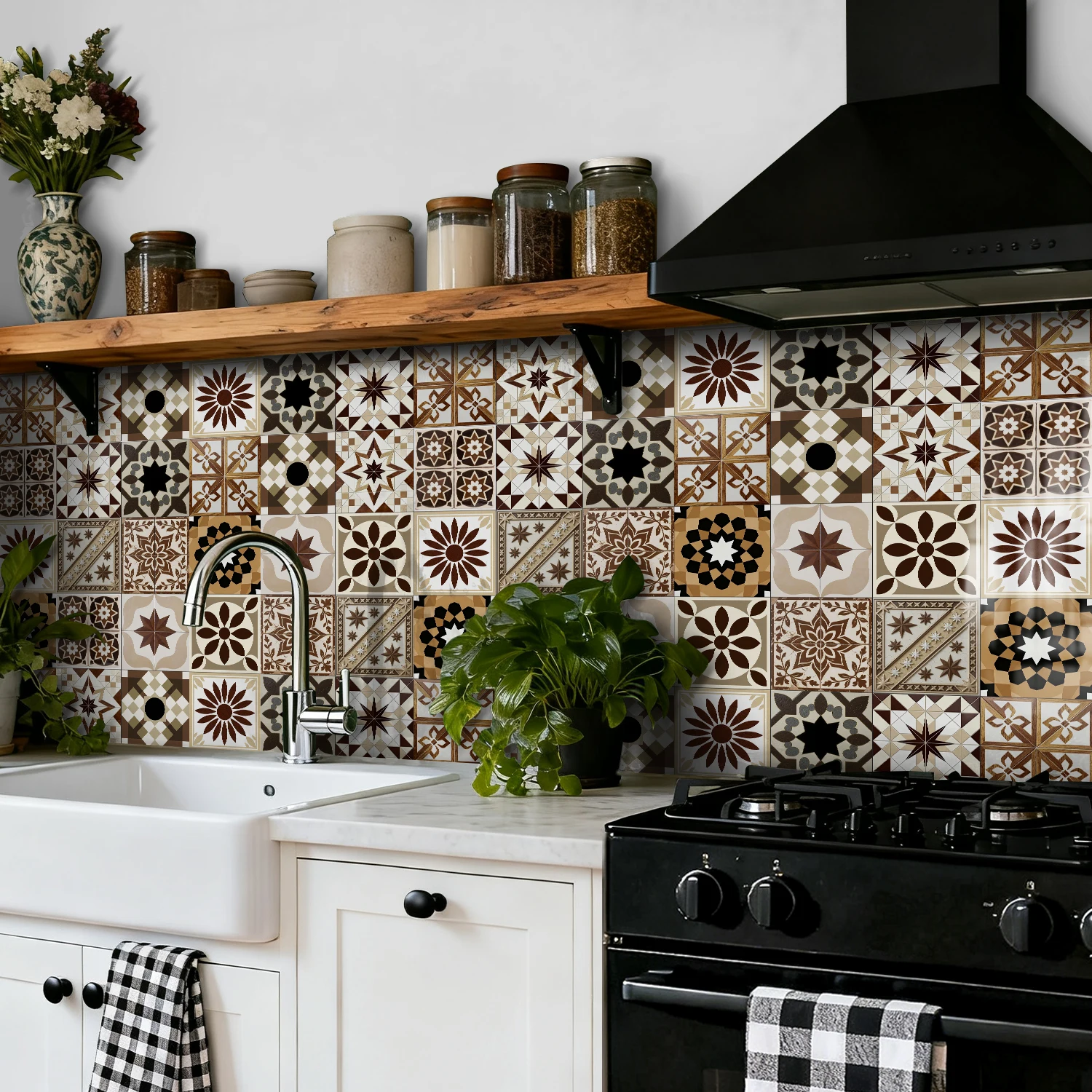 24pcs Morandi Brown Floral Tile Combination Self-Adhesive Wall Stickers, Removable Decorative Stickers for Rental Home Renovatio