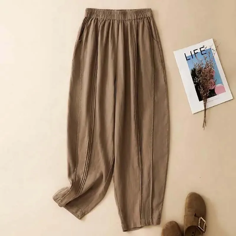 

Linen Women Casual Harem Pants New Arrival 2026 Summer Vintage Style Solid Color Loose Female Ankle-length Pants