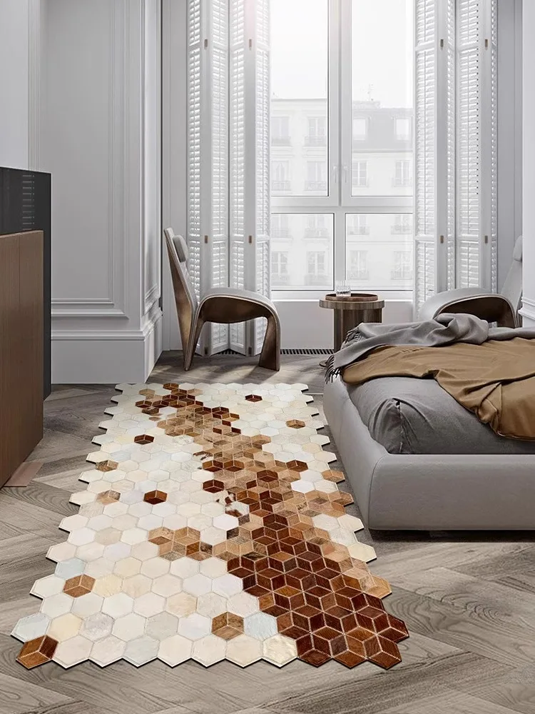 

Brown Plaid Patchwork Cowhide Long Carpet Bedroom Genuine Real Cow Hide Area Rug for Living Room Hallway Entrance Bedside Mat