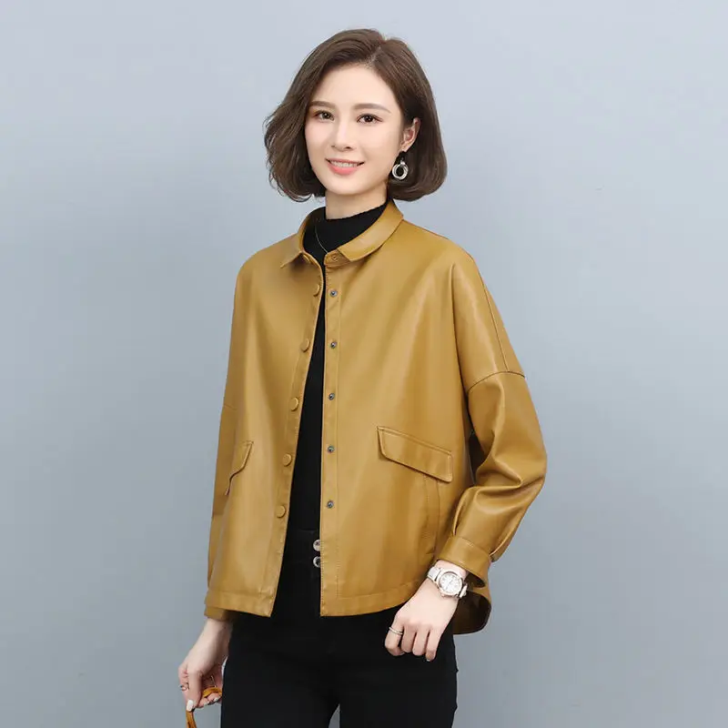 Jaket kulit PU wanita, mantel pendek longgar versi Korea, jaket kantor wanita pakaian bulu palsu kasual musim semi/gugur 2023