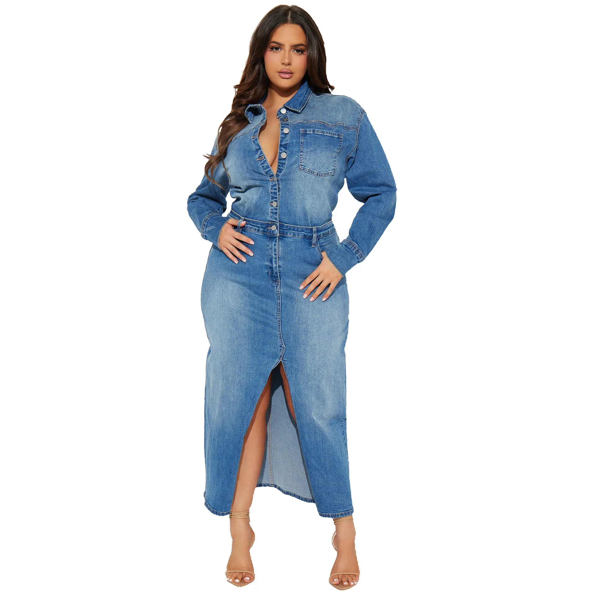 Dresses Single Breasted Denim Ankle Length Dress Turn Down Collar Casual Slim Fit Wrap Buttocks Spliced Button Solid Sheath