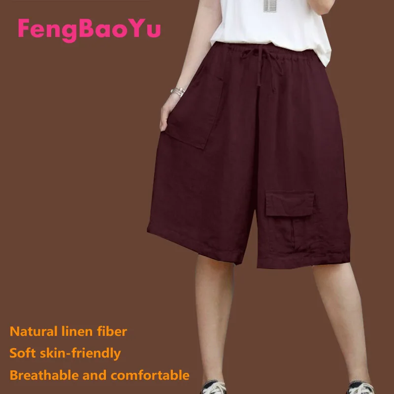 Fengbaoyu Flax Spring Summer Ladies Solid Color Wide-legged Loose Size Five-cent Pants Fat Girl Comfortable Vintage White Pants