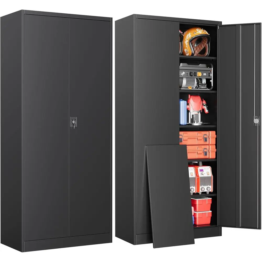 

Металлические гаражные шкафы с замком, шкаф для инструментов высотой 71 дюйм с 2 дверцами и 5 регулируемыми полками, запирающимися гаражными шкафами и