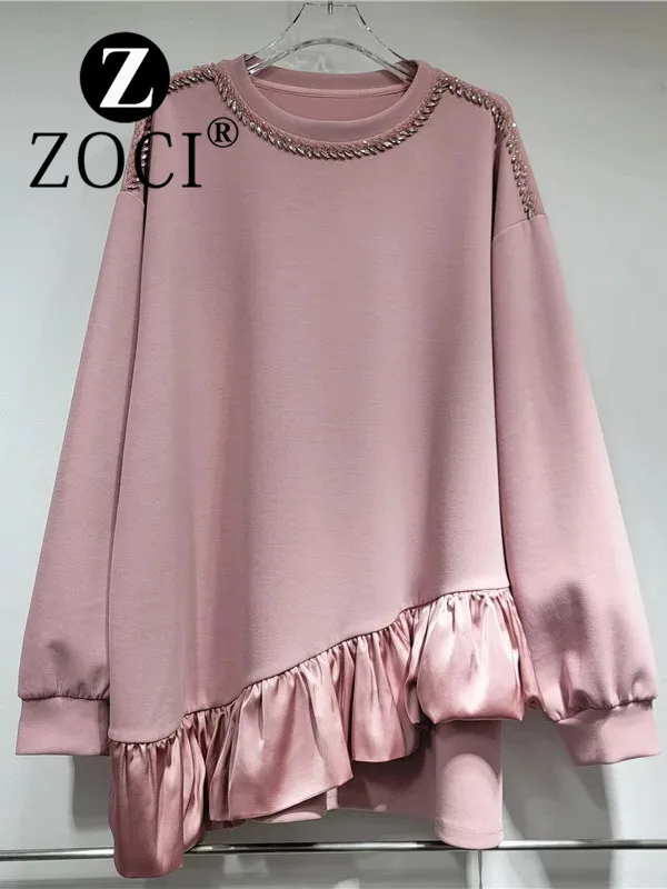 [ZOCI] Light Luxury Nail Bead Lotus Leaf Hem Round Neck Long Sleeved Black T-shirt Niche Loose Fitting Pullover Hoodie Trend