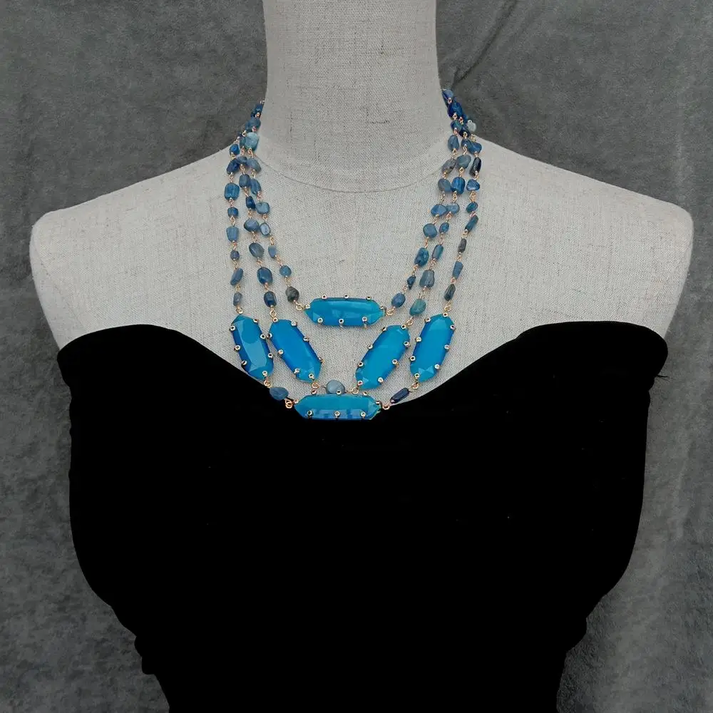 YYGEM 3 Rows Natural 7x9mm Blue Kyanite small nugget Rosary Chain 14x40mm Blue Cat Eye Cz Set Jade Necklace