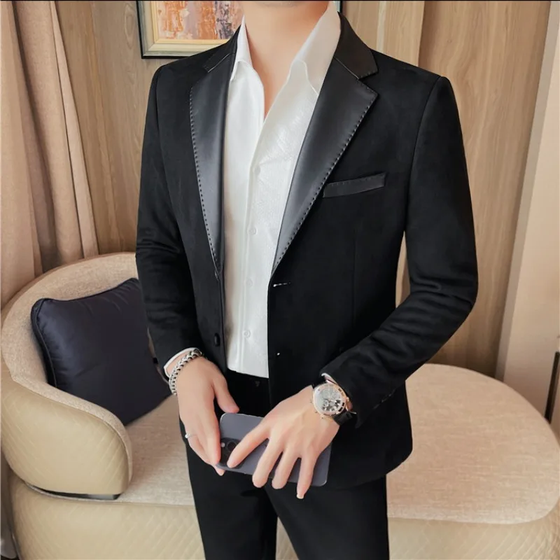 High-quality PU Patchwork Suede Men\'s Blazers Brand Solid Color Slim Fit Casual Business Dress Coats Social Banquet Men Clothing