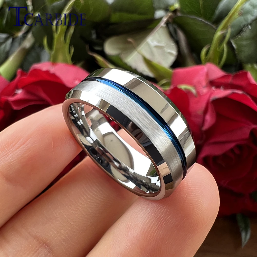 TCabide 8MM Two Tone Blue Groove Tungsten Carbide Ring Men Women Nice Wedding Band Beveled Polished Brushed Finish Comfort Fit