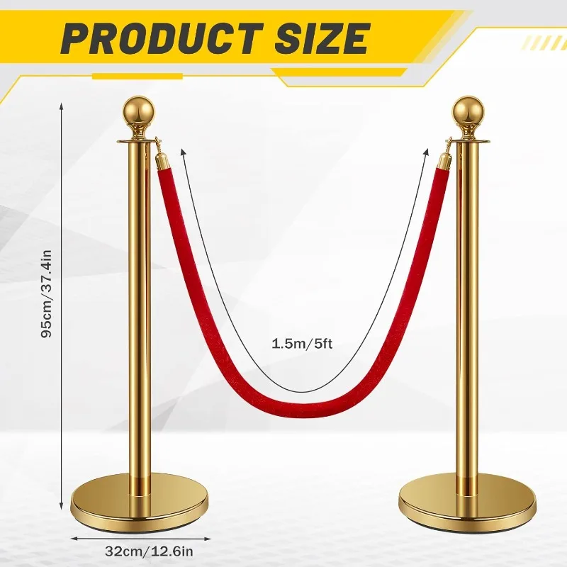 12 Pcs Stainless Steel Stanchion Post Queue 5 ft Velvet Rope Carpet Ropes and Poles Crowd Control Barriers Sand Injection