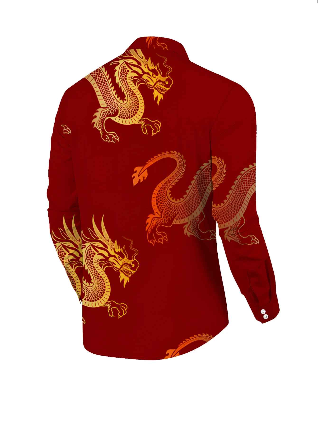 Men Long Sleeve Button Down Shirt Red Golden Chinese Dragon Print Polyester Lapel Collar Festival Party
