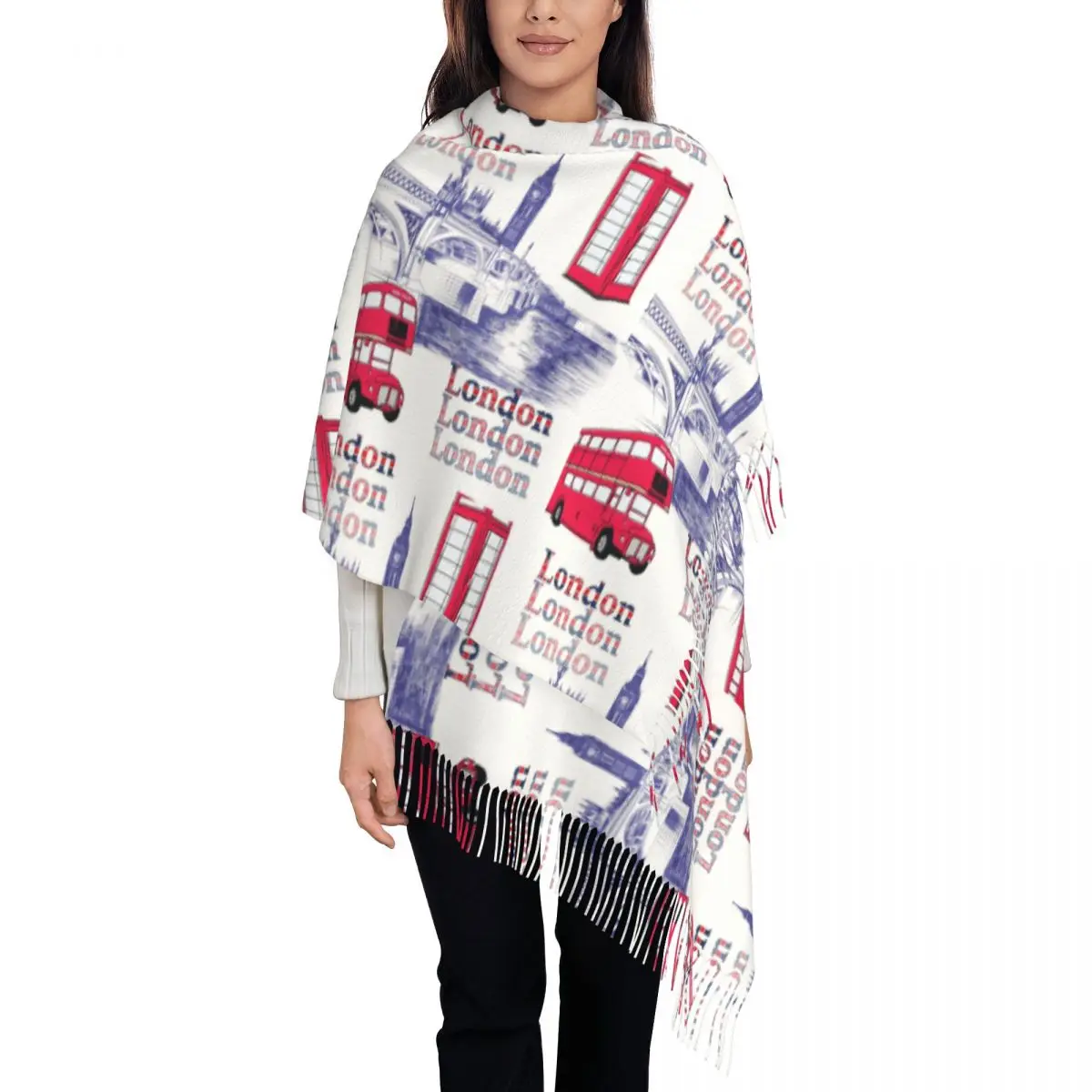 Chales de escenas de Inglaterra de Londres, bufanda larga grande y cálida para invierno, chal de Pashmina Vintage con estampado rojo británico para autobús