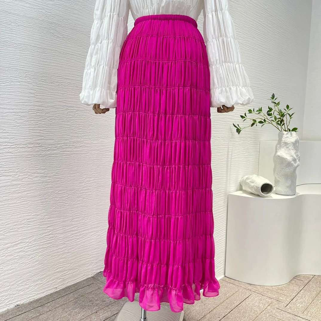 2024 Spring Rose Red Ruched Pleat Drawstring High Waist Midi Skirt