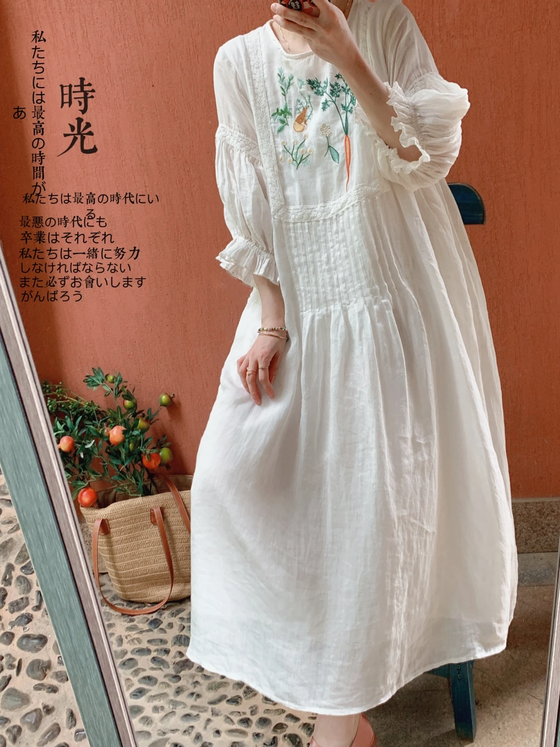 

TIYIHAILEY Spring Summer Women Embroidery Ramie Dress With Lining Lantern Sleeve Long Mid-Calf Ladies Loose A-line White Dresses