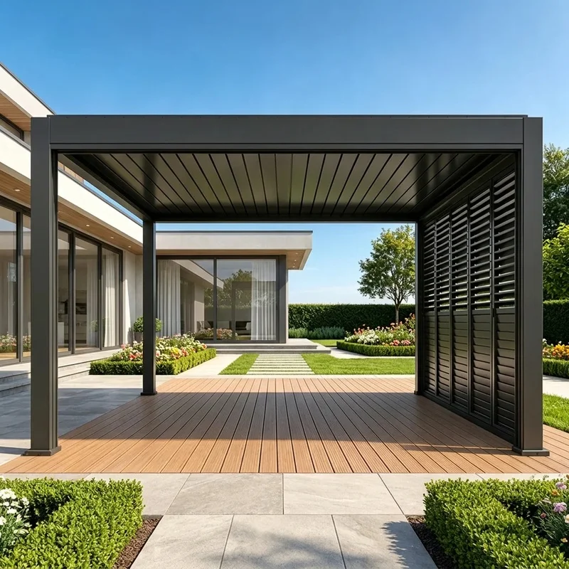 Modern Minimalist Aluminum Pergola LED Lighting Rotating Roof Side Louvers Remote Control Luxury Balcony Terrace