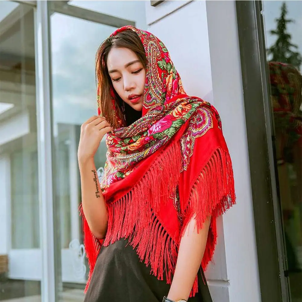 Pashmina larga de estilo ruso Vintage, bufanda con borlas florales de gran tamaño, chal, bufanda cuadrada