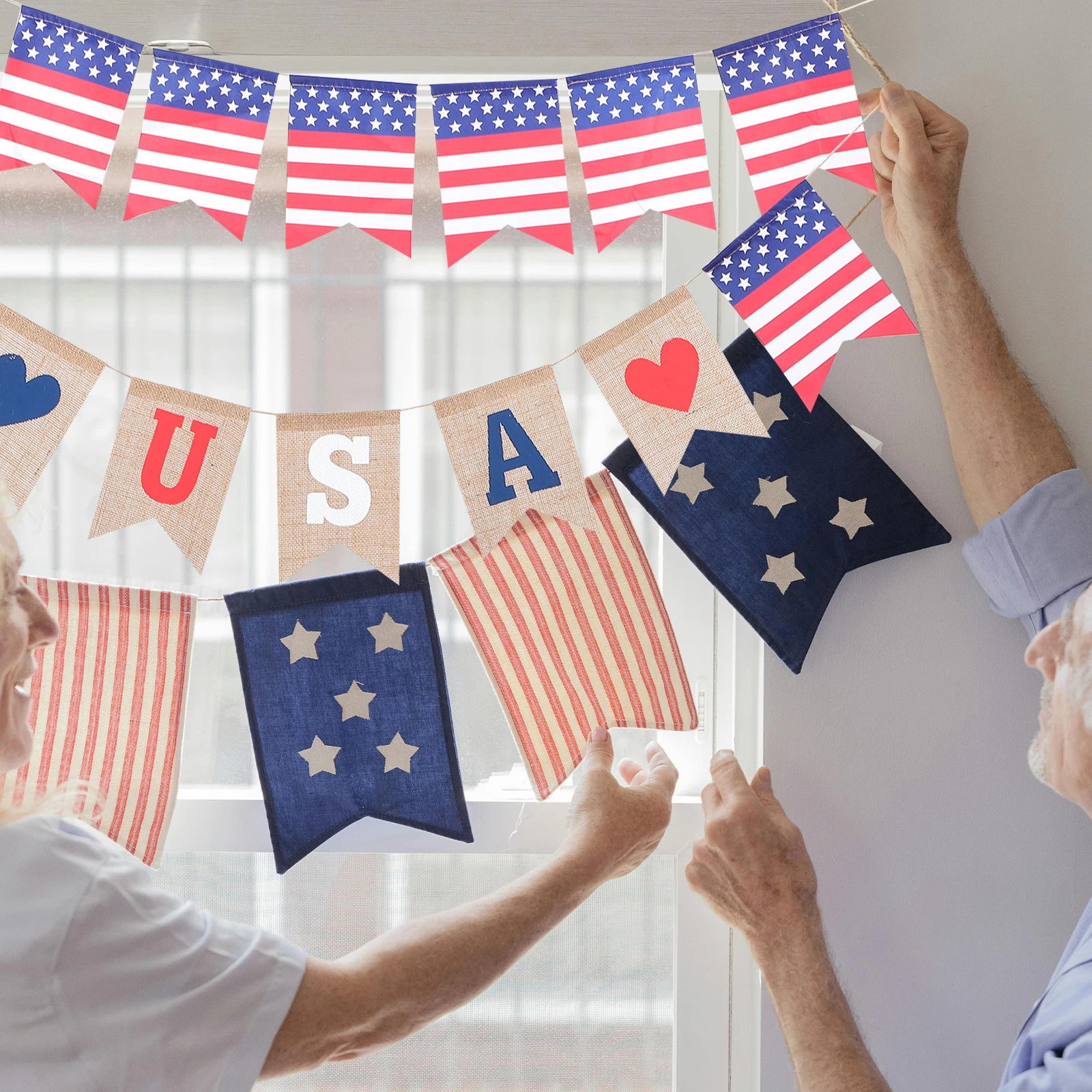 

2 Pcs Banner Linen Material Party Decoration Independence Day Pennant Flag Party Decoration Photo Booth Backdrop