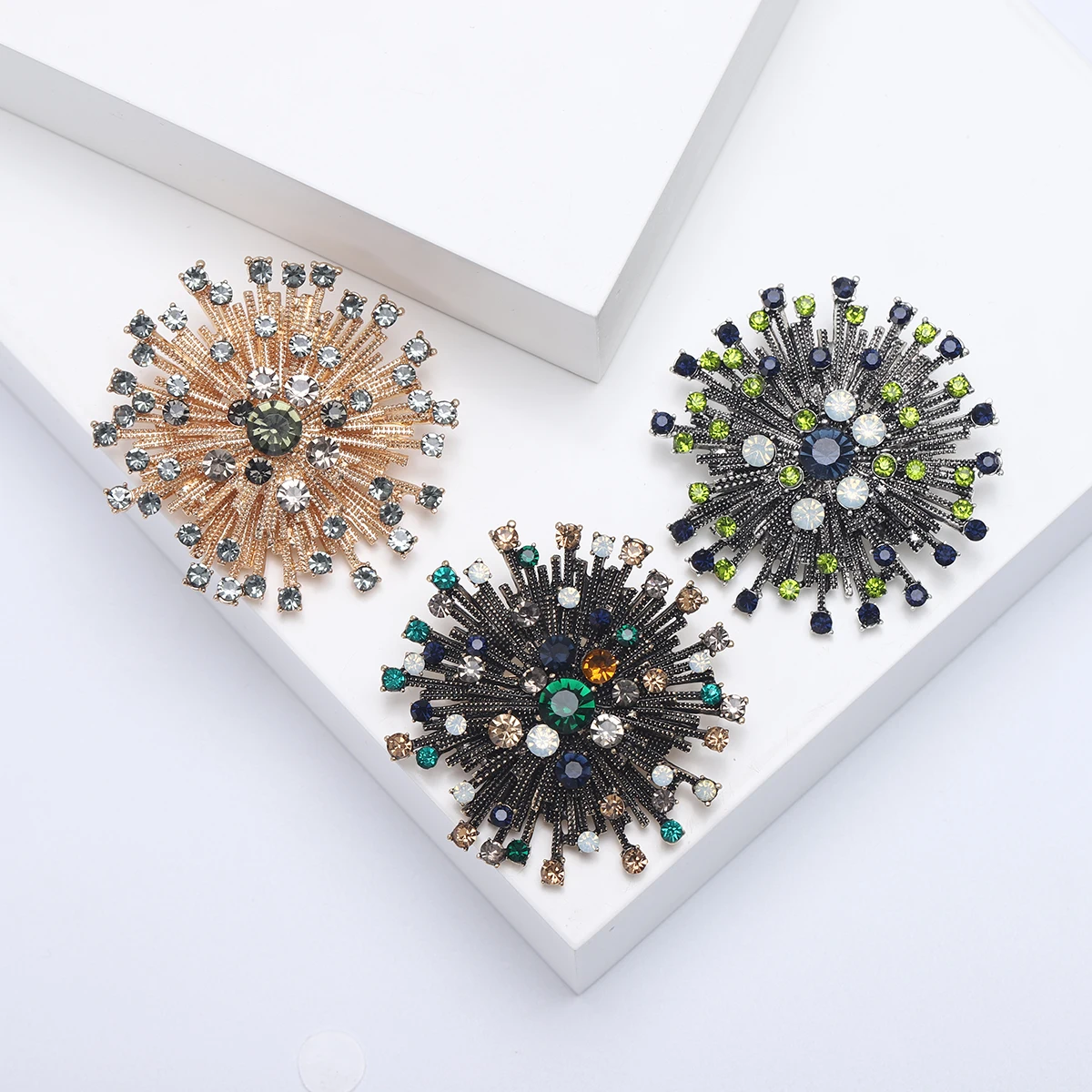 StarryGem Wholesale Rhinestone Firework Brooches for Women Vintage Flower Pins Office Party Friend Gifts Accessories