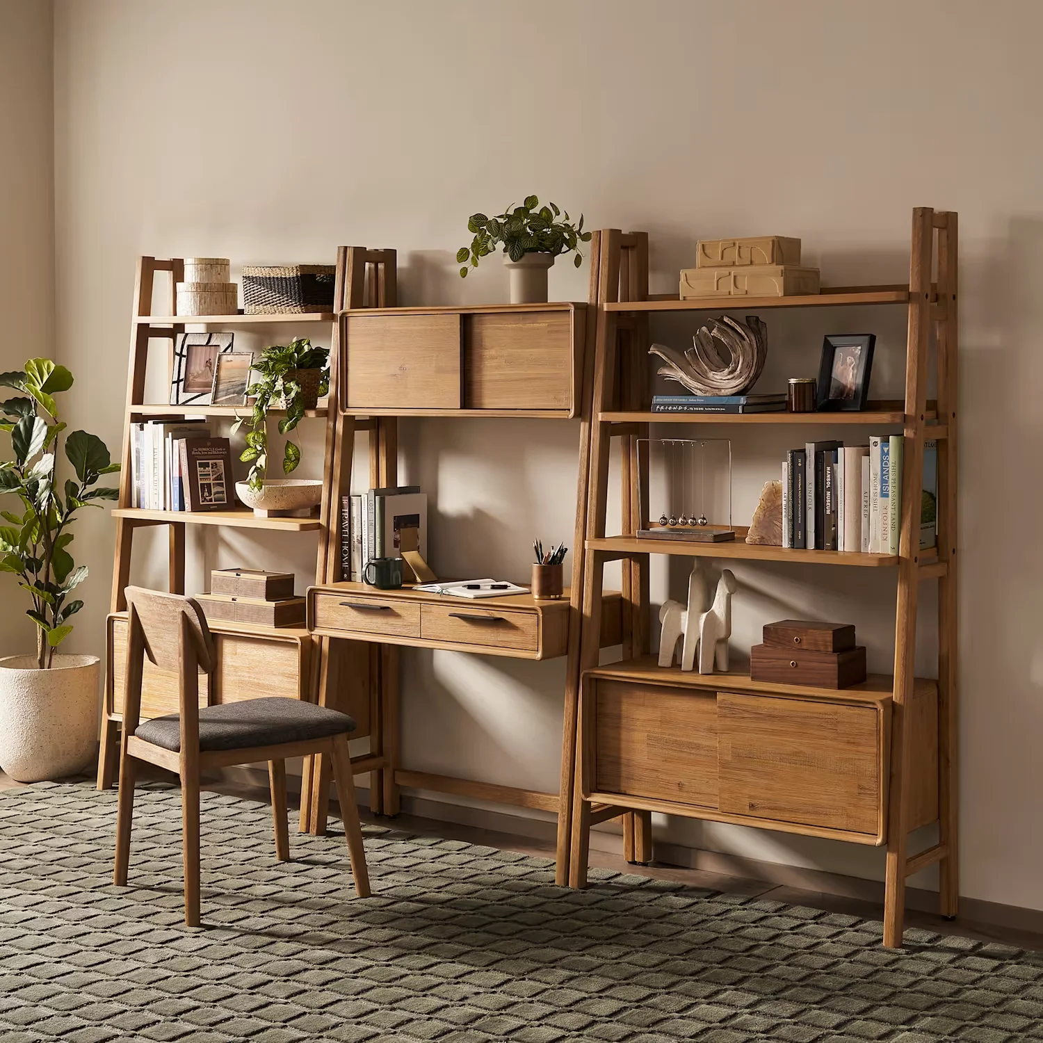 #Minimalist Japandi Bamboo Ladder Wall Unit, 3-in-1 Modular Ladder Shelf Desk with Closed Storage Cabinet & Drawers