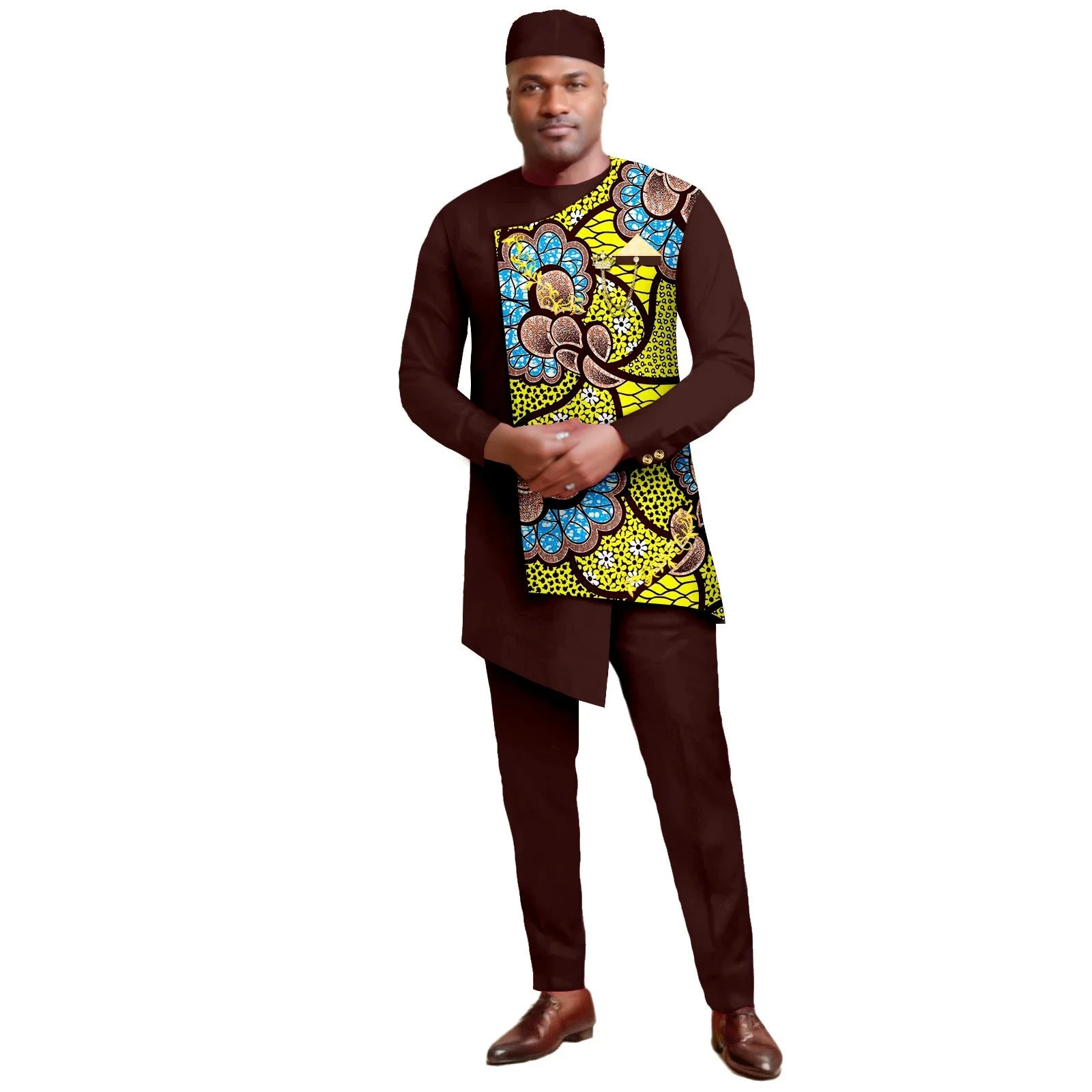 Abiti africani da uomo Set blazer e pantaloni con stampa ricamata Abito da lavoro con fazzoletto Serata di nozze per feste