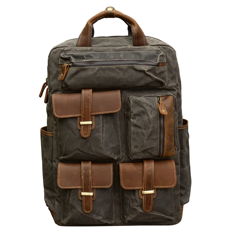2026 New Retro Canvas with Leather Men's Backpack Large Capacity Laptop Bag Vertical Multi-pocket Waterproof Travel Backpacks S