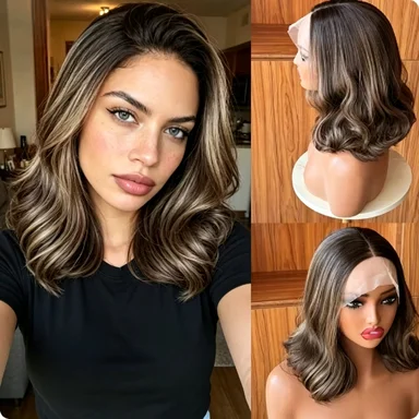 ombre-brown-highlights-short-wave-bob-13x4-wig-free-part-hd-lace-front-preplucked-synthetic-hair-for-women