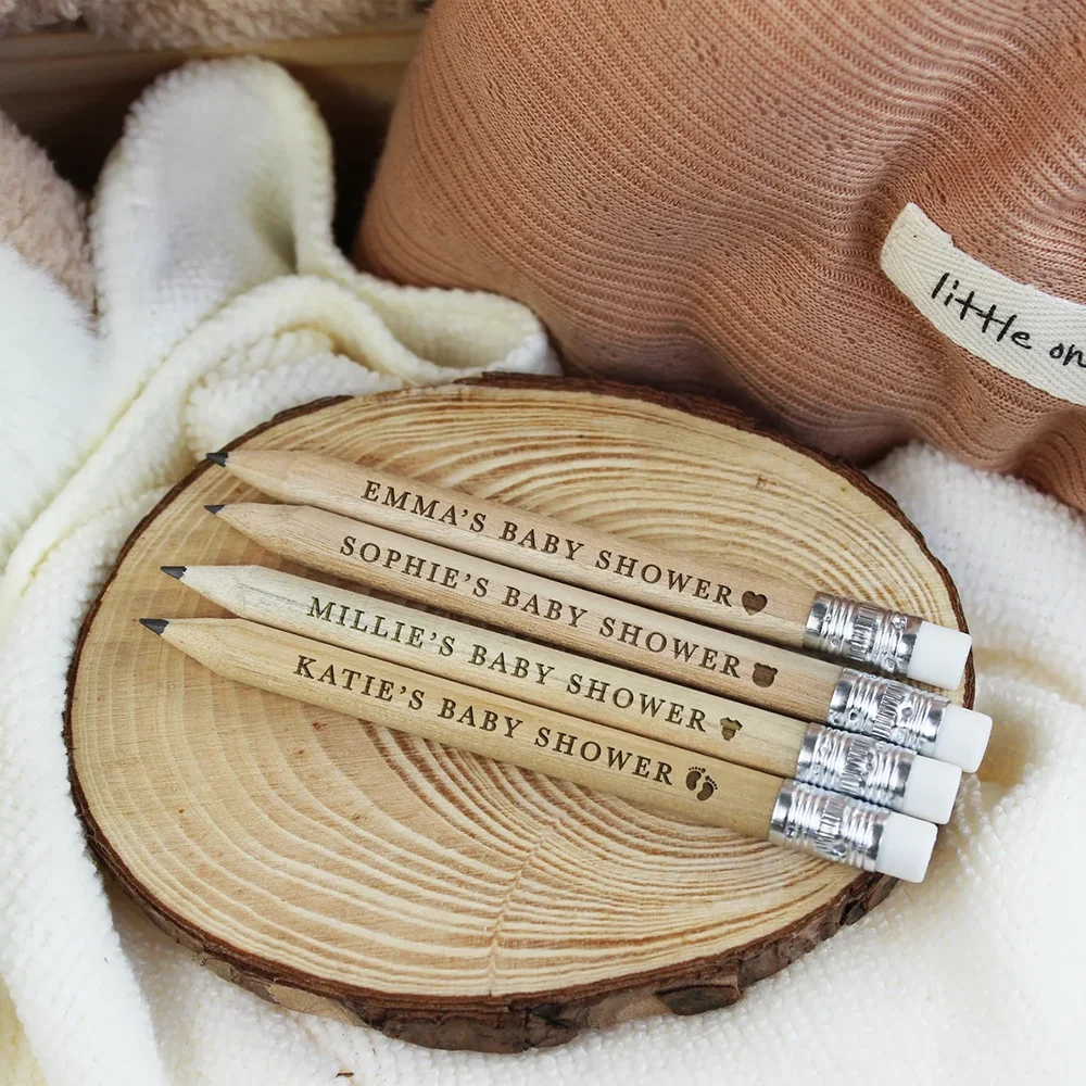 

Custom 10Pcs Baby Shower Laser Engraved Pencils Favours with Eraser Pregnancy Announcement Souvenir Gender Reveal Welcome Gifts