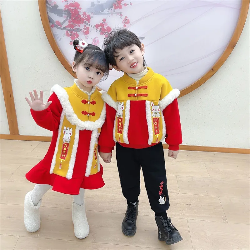 

Winter Boys New Year Outfits Children Chinese Lovely Tang Suit Girls Traditional tang suit dress dairy warm kids clothing