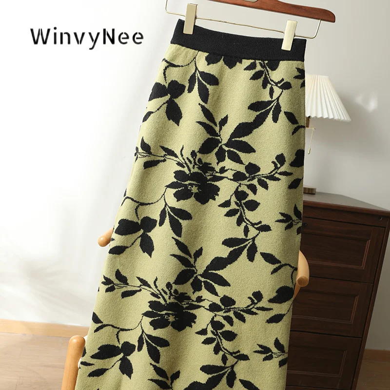WinvyNee Women Mid Length Skirt Pure Wool Knit Wrap Front Soft Textured Daily Wear Sophisticated Modest Urban Attire ZE1853004