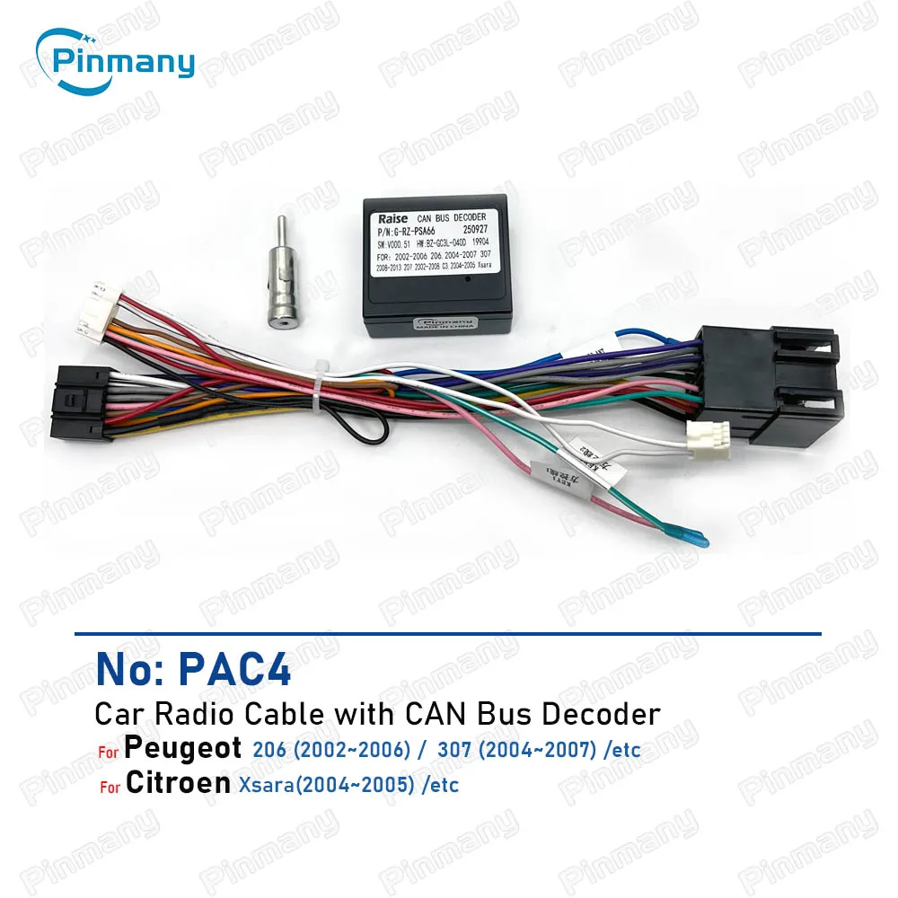 Car Radio Cable connector PAC4 16-pin Wire Harness Adapter with CAN Bus Decoder for Peugeot 206 307,for Citroen Xsara Jumpy