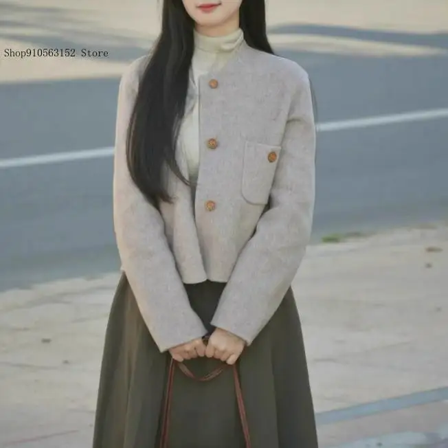 Grey Spring and Autumn Winter Simple Commuting Pure Color Short Style Temperament Niche Coat for Women